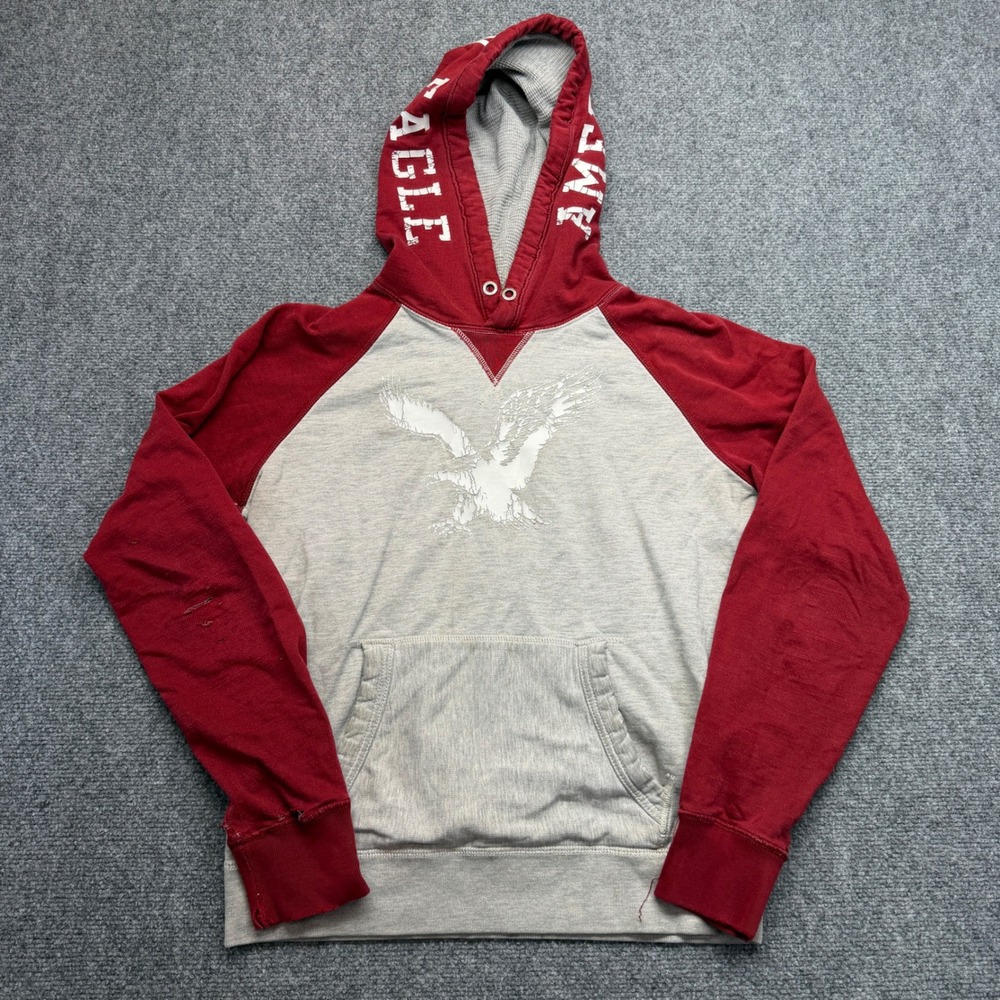 American Eagle Vintage Raglan Hoodie Red Grey Eagle Graphic Distressed Mens S